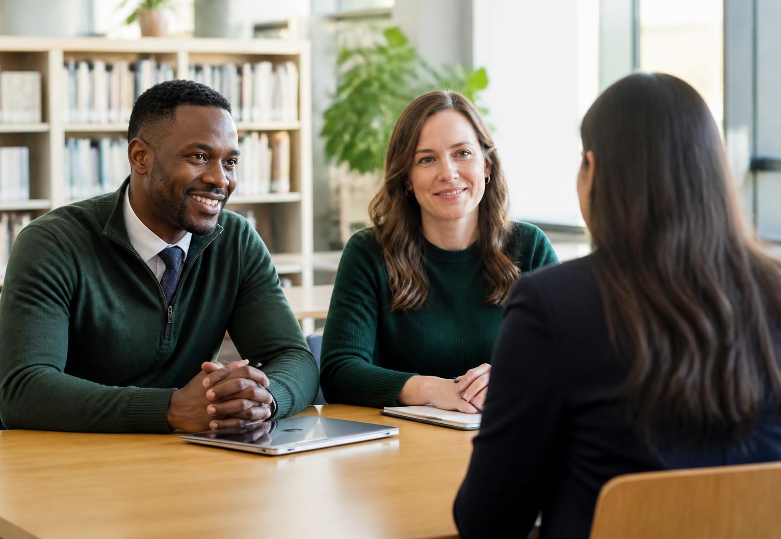 Two school staff talking with a candidate across a table in a school library