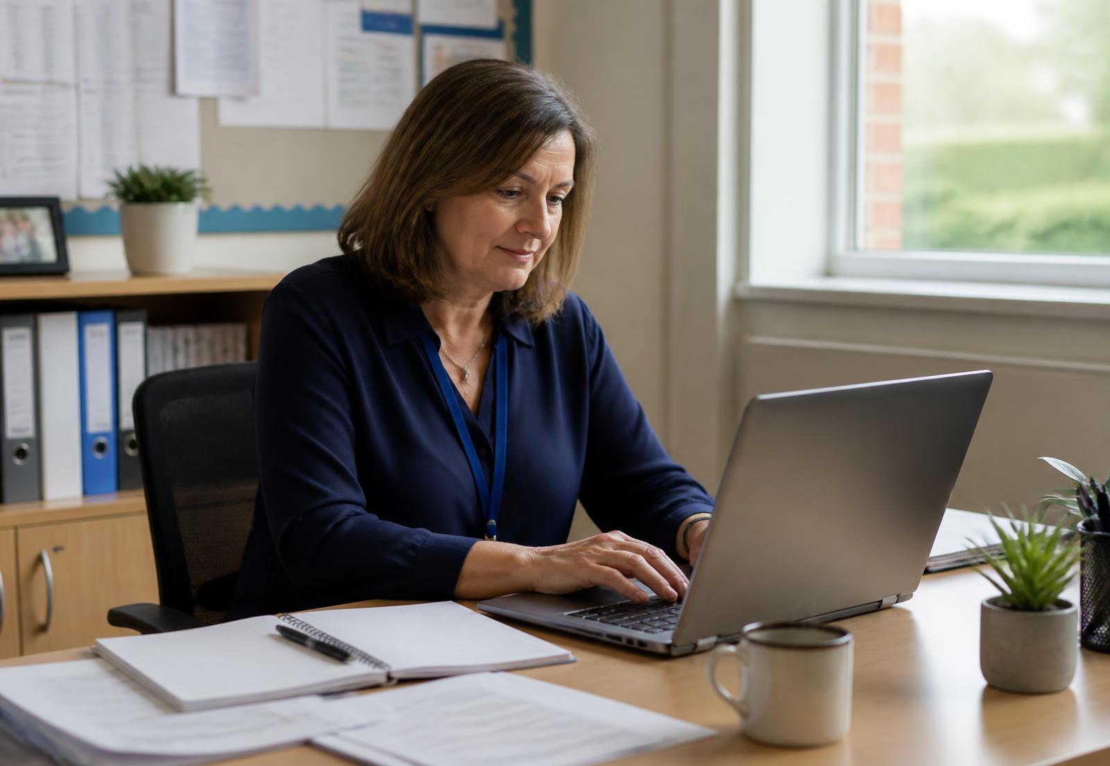 A school business manager writing a job advert on a laptop in a school office
