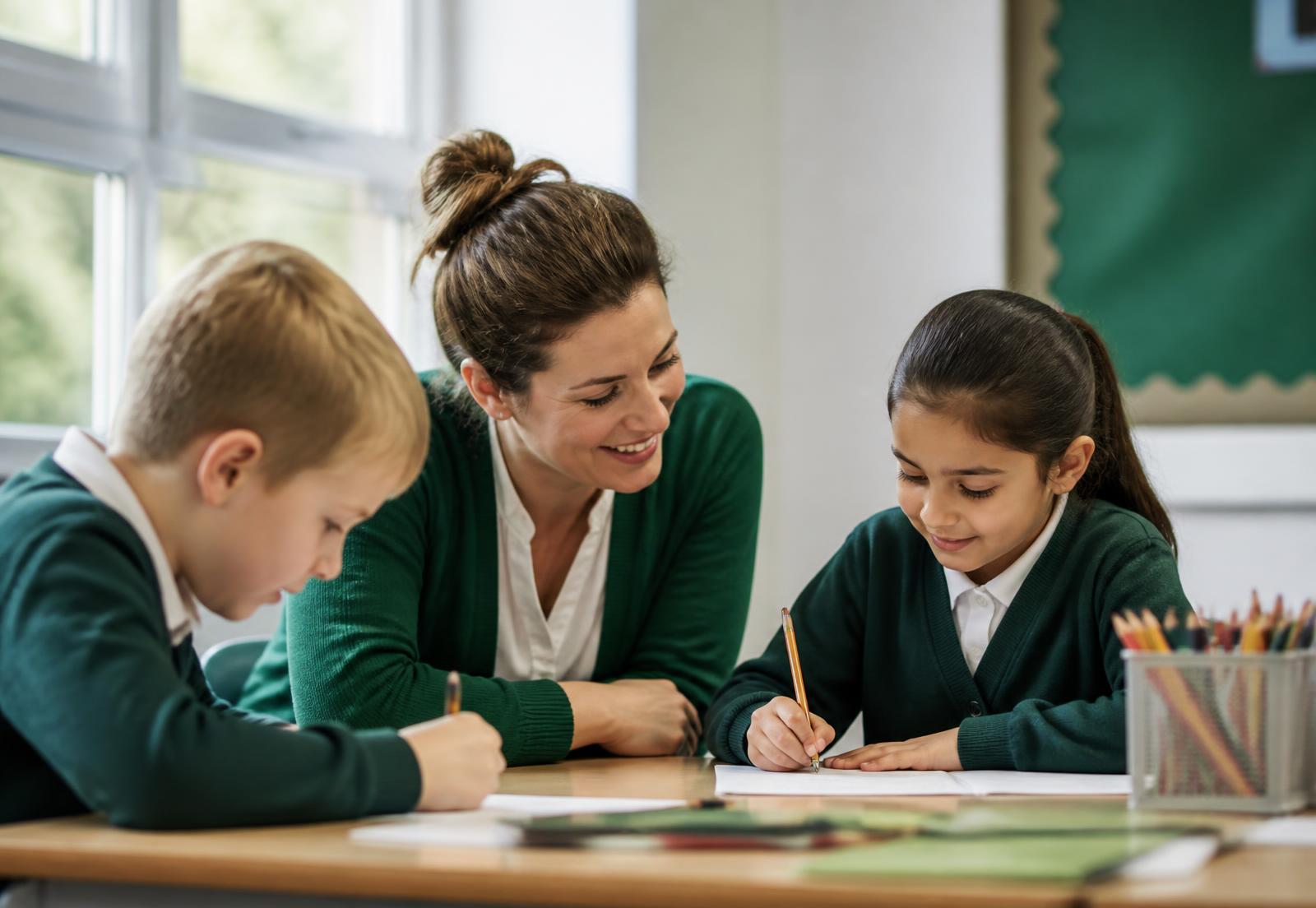 A primary school teacher smiling as she helps two uniformed pupils with written work at a classroom desk
